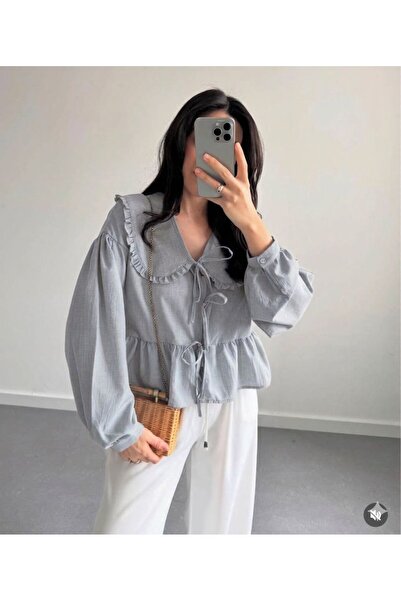 MAESTRO WOMAN Kadın Açık Gri Bebe Yaka Önü Bağlamalı Kısa Peplum Gömlek