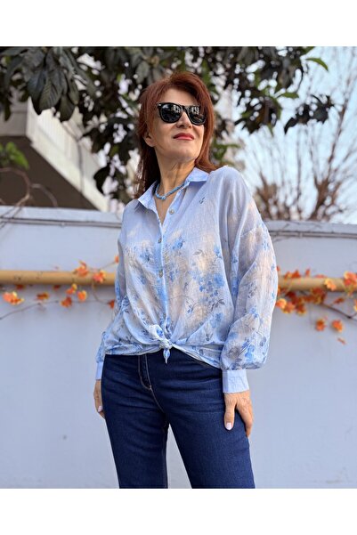 DenizEge Италианска синя риза с връзки отпред