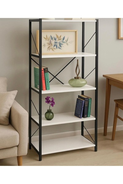 HLT METAL GÖVDELİ 5 RAFLI AHŞAP KİTAPLIK OFİS EV DEKORATİF RAF SİSTEMİ