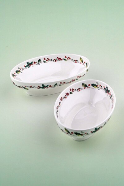 Bursa Porselen Dekor Christmas 2-Piece Porcelain Deep Boat-Shaped Plate