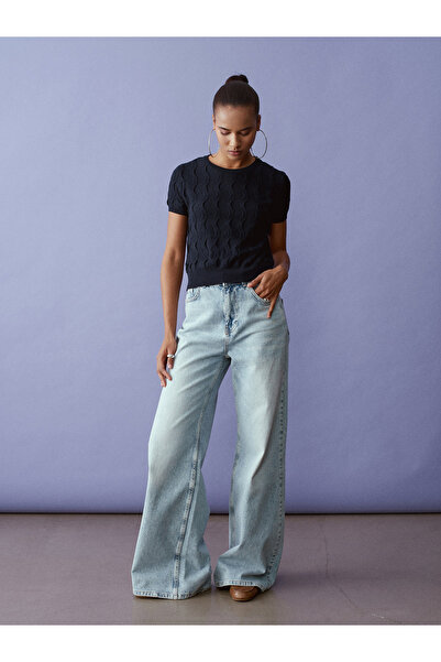 Dilvin 10788 Crew Neck Textured Knitwear Blouse-Dark Navy