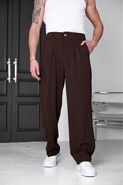 MODAMESTO Ανδρικό καφέ παντελόνι από ύφασμα με πιέτες, άνετη εφαρμογή και χαλ...