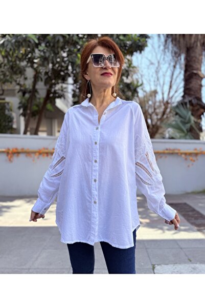 DenizEge Italian Raglan Sleeve Embroidered Shirt White