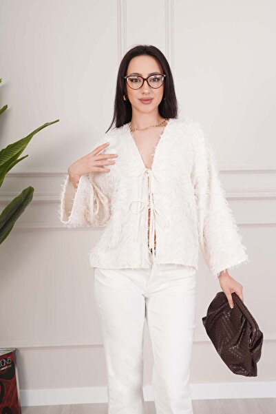 Hipo Trend Kimono ecru lejer cu ciucuri și șireturi în față