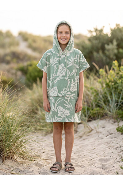 MEYHOME Beach Towel Children's Poncho with Hood (Green Leaf Pattern)