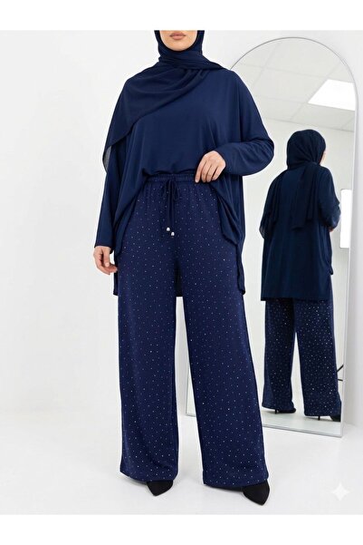 wishne Sparkling Stone Embellished Wide Leg Pants - High Waist Stretch Fabric...