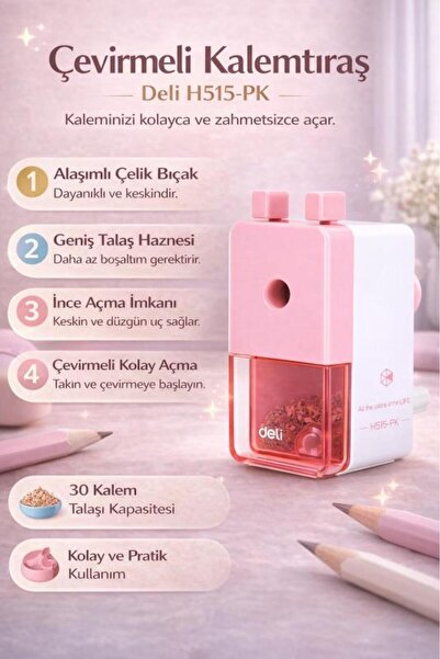 Deli H515-PK Çevirmeli Kalemtıraş – Geniş Hazneli, Dayanıklı Çelik Bıçaklı Ma...