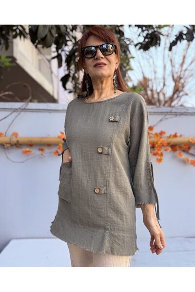 DenizEge Linen Textured Cotton Blouse Khaki