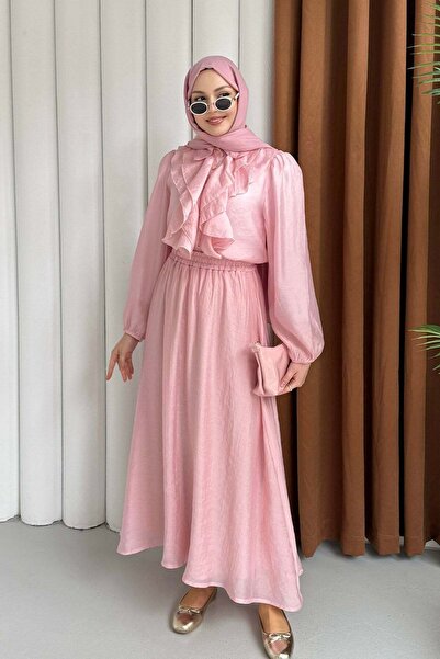 Modaensarbutik Önü Fırfırlı Detay Etekli Tesettür Takım-PEMBE