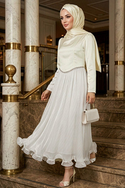 N.S NEVA STYLE Πλισέ Λευκό Μουσουλμανικό Βραδινό Φόρεμα 6281B
