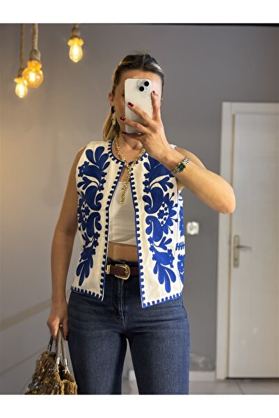 Gözde Tasarım Butik Women's White Color Blue Embroidered Linen Vest with Lini...