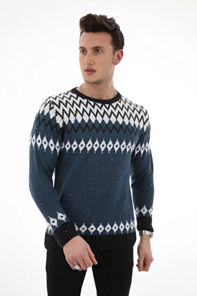 MORADO SE SIENTE PERFECTO Patterned Blue Thick Winter Men's Casual Knitwear S...