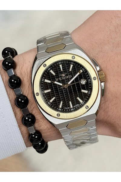 FERRO ساعة يد رجالية بحزام فولاذي أصفر وفضي FM40160A-D جميع الوظائف تعمل بشكل...