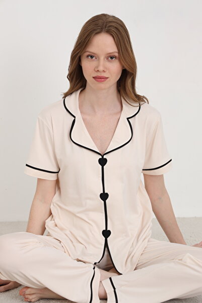 ELİTOL Bamboo Knitted Heart Embroidered Women's Pajama Set