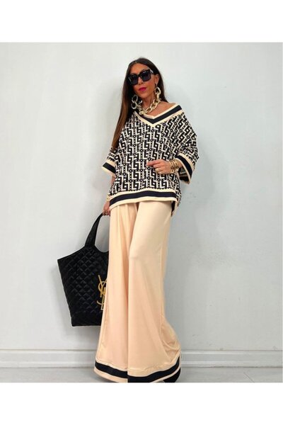 JANES Women's V-Neck Fakir Sleeve Geometric Pattern Printed Blouse and Spanis...