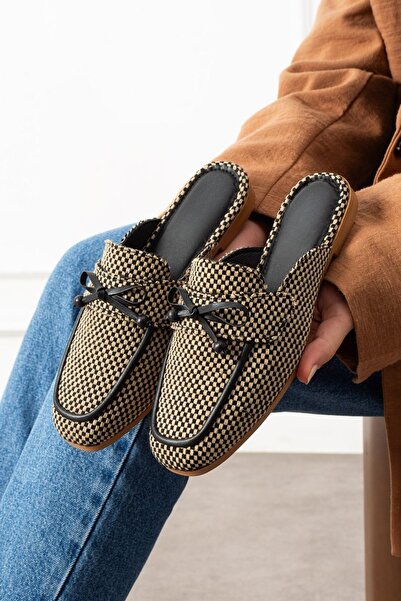 STOCON Piera Checkered Black Bowknot Wooden Bead Detailed Closed-Front Slippe...