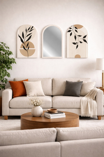 Rivon 3 Parça Kemerli MDF Tablo Seti Aynalı 43x26,5 cm 18 mm UV Baskı Boho Du...