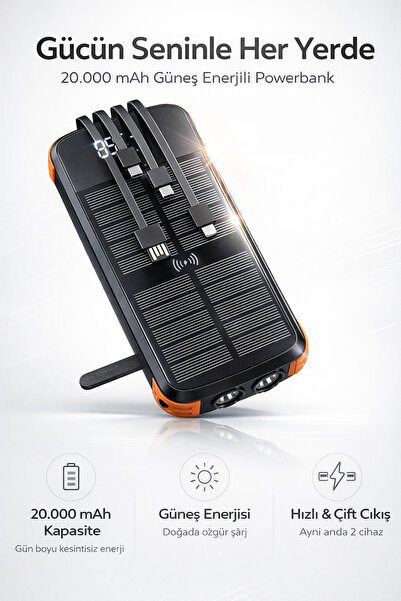 FaroxTech 20.000 mAh Güneş Enerjili Powerbank - 4 Panelli & Dahili Kablolu El...