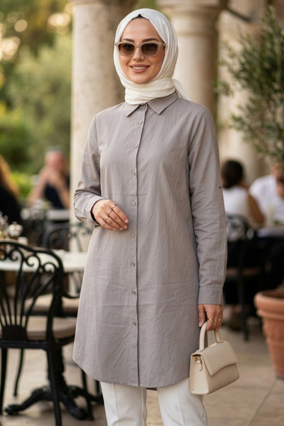N.S NEVA STYLE Buttoned Beige Hijab Tunic 11751Bej
