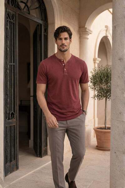 Valiberta Edgar Regular Fit 3 Button Placket Suprem Fabric Men's T-Shirt - Red