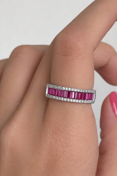 TAKIŞTIR Silver Color Pink Jewelled Adjustable Ring