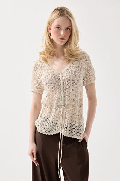 Gusto Openwork Short Sleeve Linen Knitwear Jacket Blouse - Stone
