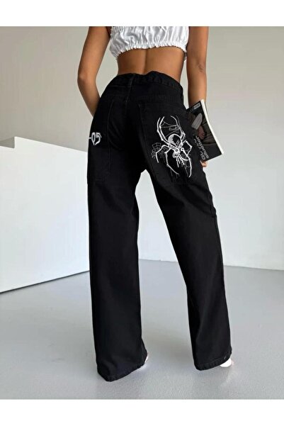 yesmoda Blaka-05 Spider Printed Black Baggy Jeans