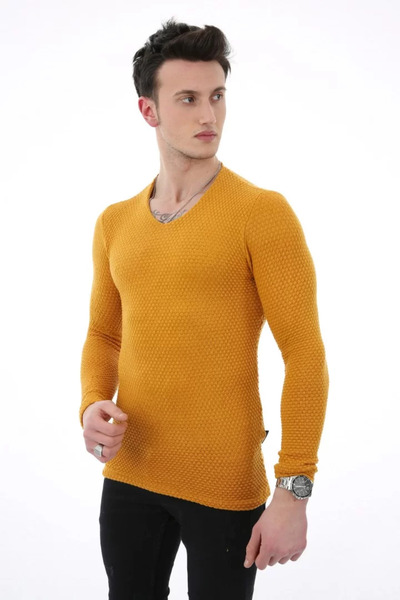 MORADO SE SIENTE PERFECTO Plain Embossed Patterned V-Neck Men's Casual Knitwe...
