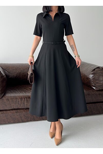 Eztila فستان ماكسي من البولي فيسكوز بياقة قميص وسحاب خفي وحزام ذاتي الربط