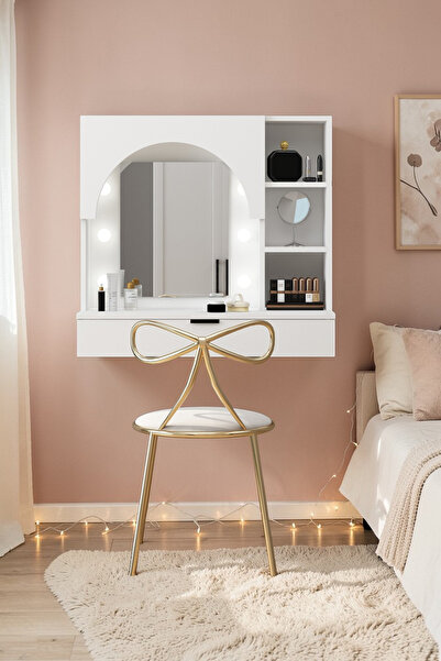 Avmpark İmaj Makyaj Masası Spot Işıklı Aynalı Raflı Çekmeceli Duvara Monte Beyaz