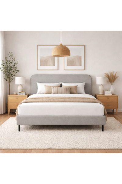 BedBoss Grey Fabric Upholstery Bed Queen Size Solid Wood