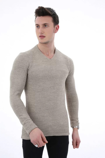 MORADO SE SIENTE PERFECTO Plain Embossed Patterned V-Neck Men's Casual Knitwe...