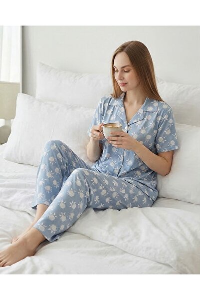 Hirazenmoda Women's Boyraz Short-Sleeved Milan Buttoned Pajama Set