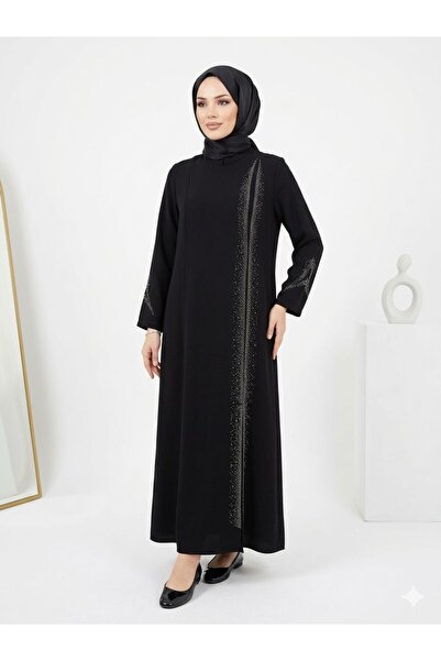 wishne Büyük Beden Taş Detaylı Siyah Tesettür Abiye Elbise 44-54 Beden Şık Da...
