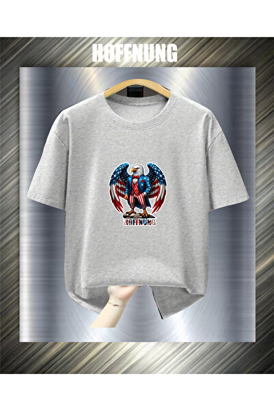HOFFNUNG Unisex Short Sleeve Round Neck Usa Eagle Printed Solid Color Tshirt