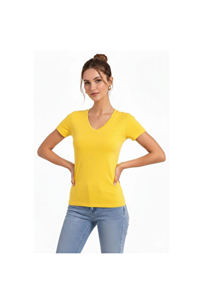 Narnuga Women's Body T-Shirt V-Neck Slim Fit Lycra Short Sleeve T-Shirt - Yellow
