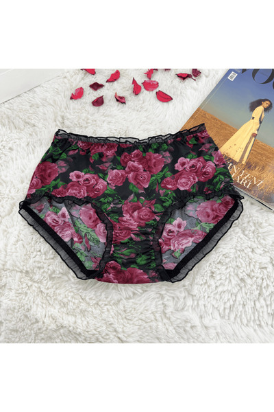 Elaram Fırfırlı Tül Detaylı Desenli Kadın Külot | Premium Şifon | Çiçek & Leo...