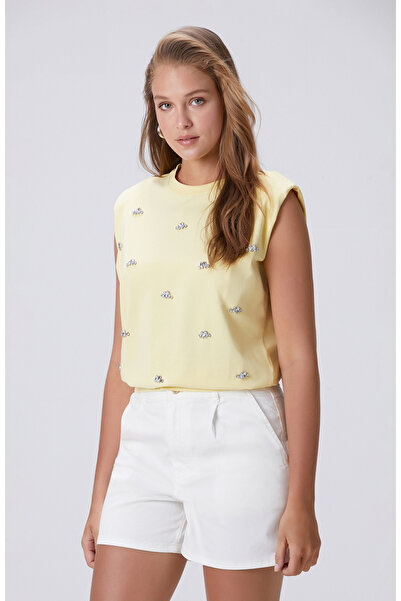 Network Sarı Bisiklet Yaka İri Taş Baskı Detaylı T-shirt