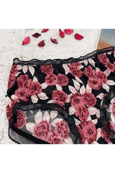 Elaram Ruffled Tulle Detailed Patterned Women's Panties |   Premium Chiffon |   Flower & Leopard Pattern