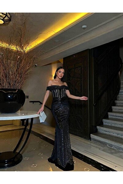 Modafeminen Shoulder low-cut fish model glittery crepe evening dress 583387 b...