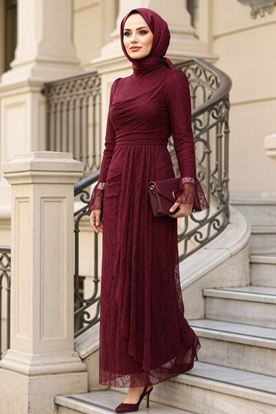 N.S NEVA STYLE Rochie de seară tesettür din dantelă, burgundă 9279BR