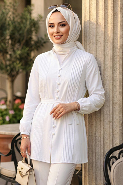 N.S NEVA STYLE White Hijab Tunic with Pile Detail 20299B