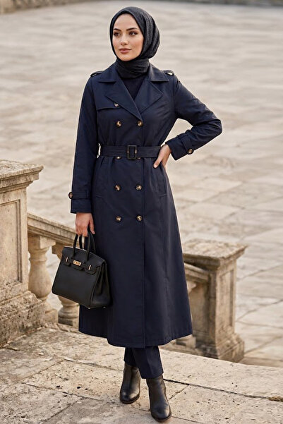 N.S NEVA STYLE Buttoned Dark Navy Blue Hijab Trench Coat 7261Kl