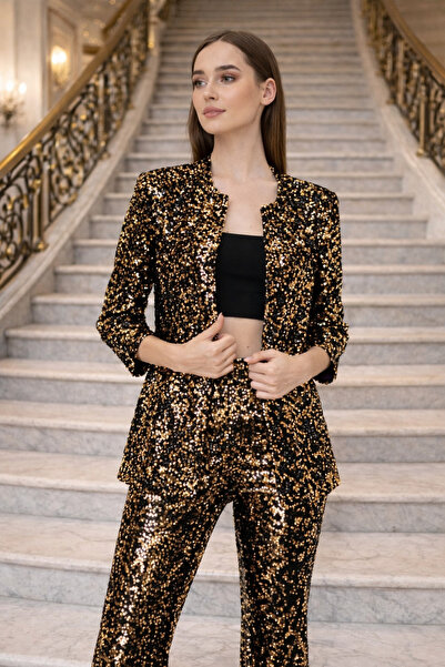 Laranor Gold & Siyah Pul Payet Truvakar Kol Ceket Şık Abiye Ceket Gündüz - Ge...