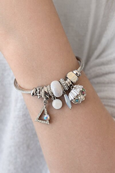 TAKIŞTIR Silver Color Triangle and Oyster Detailed Steel Bracelet