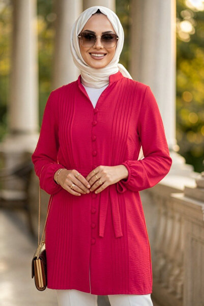 N.S NEVA STYLE Pile Detailed Red Hijab Tunic 20299K