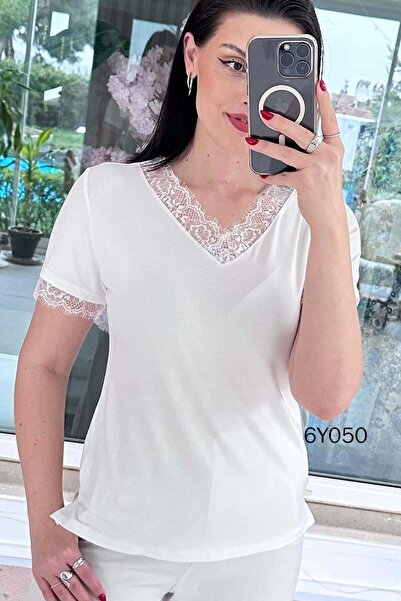 İnce Topuk Lace Collar Viscose Fabric Blouse 6Y050