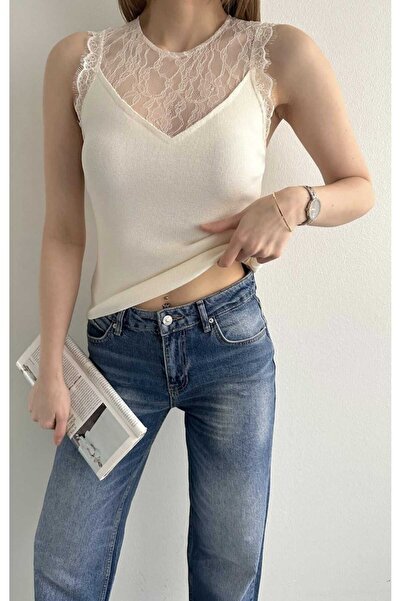 yeditepe fashion Tricotaj cu detalii din dantelă, tricotaj decorat, maiou