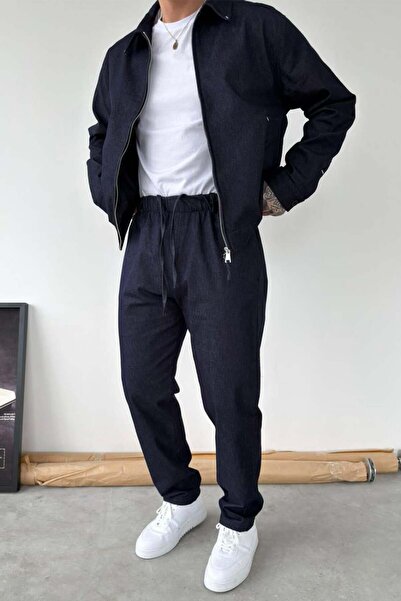 HAFKAGİYİM Navy Blue Textured Baggy Trousers with Elastic Waist