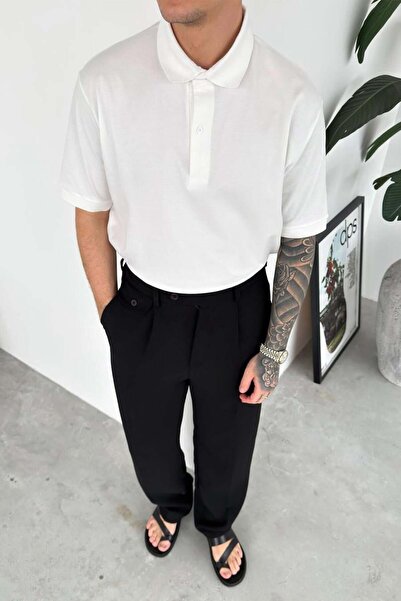 HAFKAGİYİM Λευκό Βασικό Χαλαρό Μπλουζάκι Πόλο με Γιακά